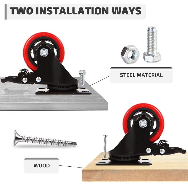 Nefish Casters Wheels Set of 4, 3 Inch Heavy Duty Caster with Brake 1200 Lbs, Safety Dual Locking Plate Castors, Top Swivel Wheels, No Noise Polyurethane for Furniture, Dollies, Trolleys (LJ-PC-3IN) - Image 5